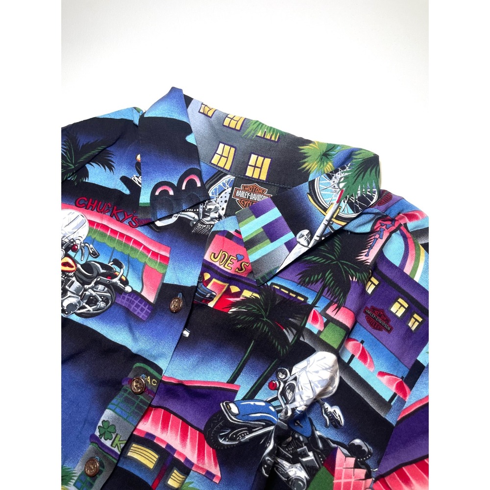 Harley-Davidson Kids XL Hawaiian Shirt Tori Richard Viscose Motorcycle Print